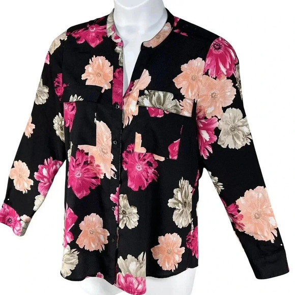 Calvin Klein Women L Black Pink Floral Button-Up Blouse Long Roll Tab Sleeve Top - Picture 7 of 16